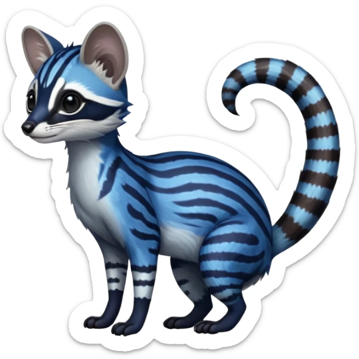 Feral Rare Fantasy iridescent scaly  shaded detailed deep-dark-cobalt-blue-gradients-colored colorful Genet-Trico-Civet-Cacomistle-Margay-species by LiLaiRa,, with white stripes with dark-blackish points, white belly, random markings, tufted tail, tufted ears, full body sticker