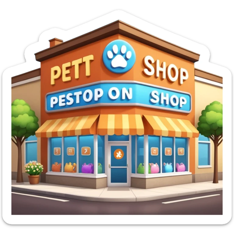 Modern building of a pet shop with a big glowing sign that says PETSHOP on the front. Colorful storefront, large windows showing pet products inside, cute animal illustrations on the walls, warm and friendly atmosphere, daytime, high-quality detailed render sticker