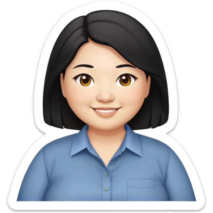 obesity Asian woman with shoulder length black long hair smiling business casual shirt upper body shot sticker