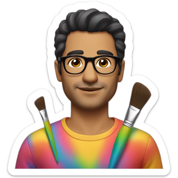latino man glasses without moustache with rainbow clothes and flowers on face and paintbrush sticker