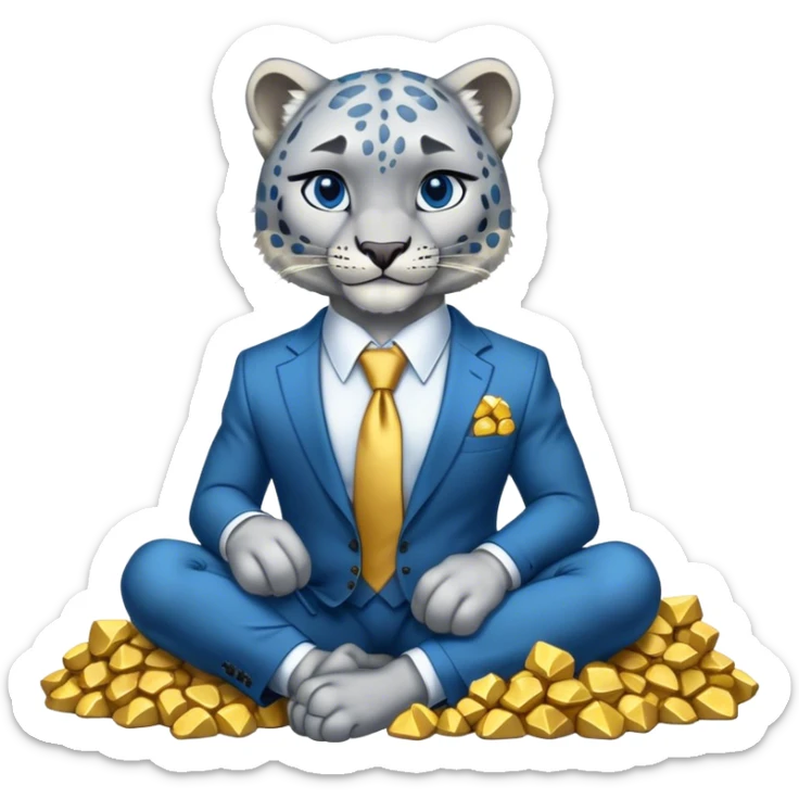 muscular snow leopard in suit with blue tie sitting on pile of gold nuggets sticker