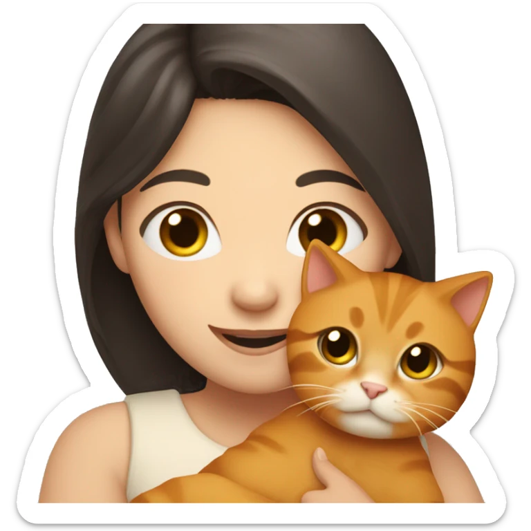 A girl with dark hair holds a ginger cat in her arms, they are smiling  sticker