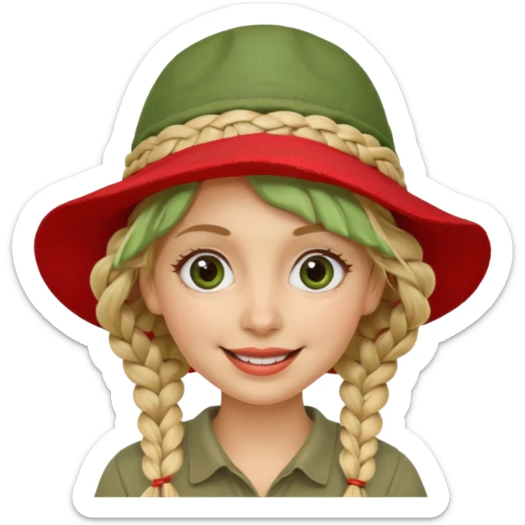 messy green clay mask and red tourist hat blond braided woman big eyes smiling sticker