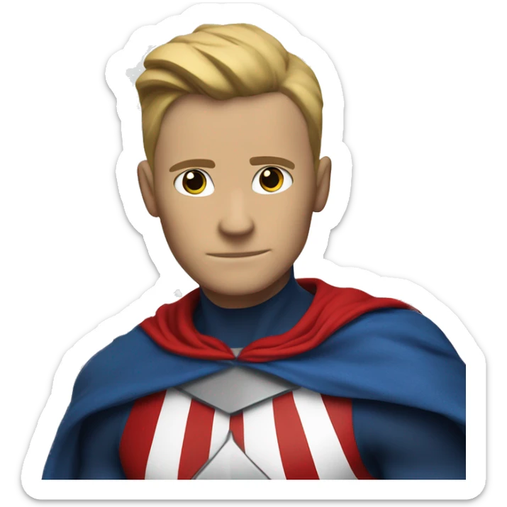 Emoji of Homelander from ‘The Boys’ series. USA flag-inspired costume with cape (red, blue, white). Confident, slightly menacing expression. sticker
