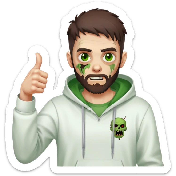 zombie with thumbs up gesture, undercut hairstyle with dark brown hair, short full beard, green eyes, wearing plain white hoodie sticker