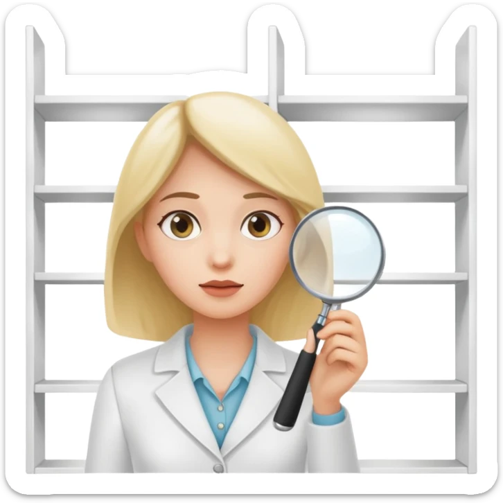 emoji of white empty shelf in perspective view with a standing woman nearby, she is looking at the shelfs with a magnifying glass sticker