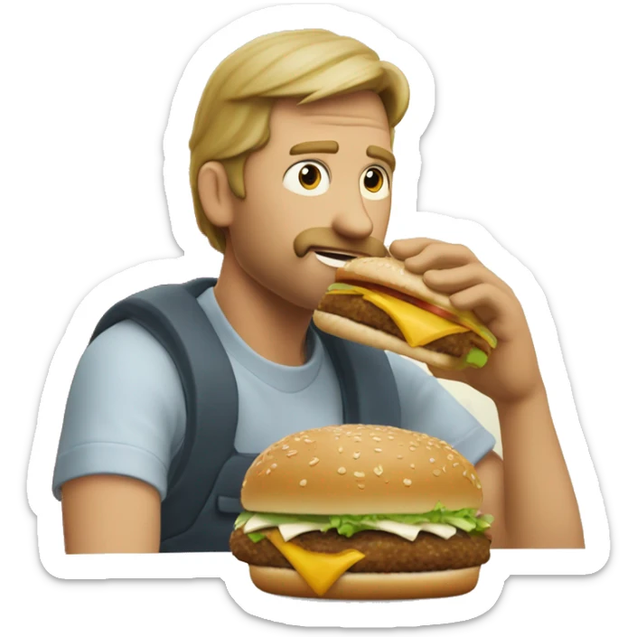 Show a white man eating a big mac. Add the label "Palkin' Burger - Just the right amount of spice!" sticker