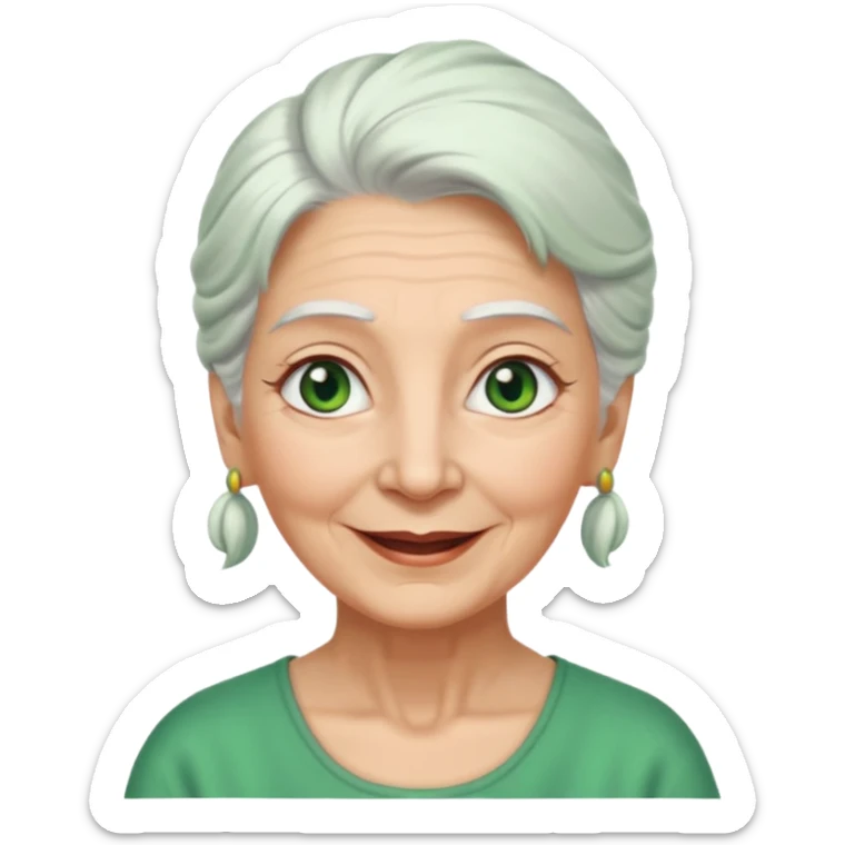 abuela con ojos verdes, pelo blanco, pelo blanco y amarrado, aspecto feliz, pelo blanco, no verde, solo verde los ojos sticker
