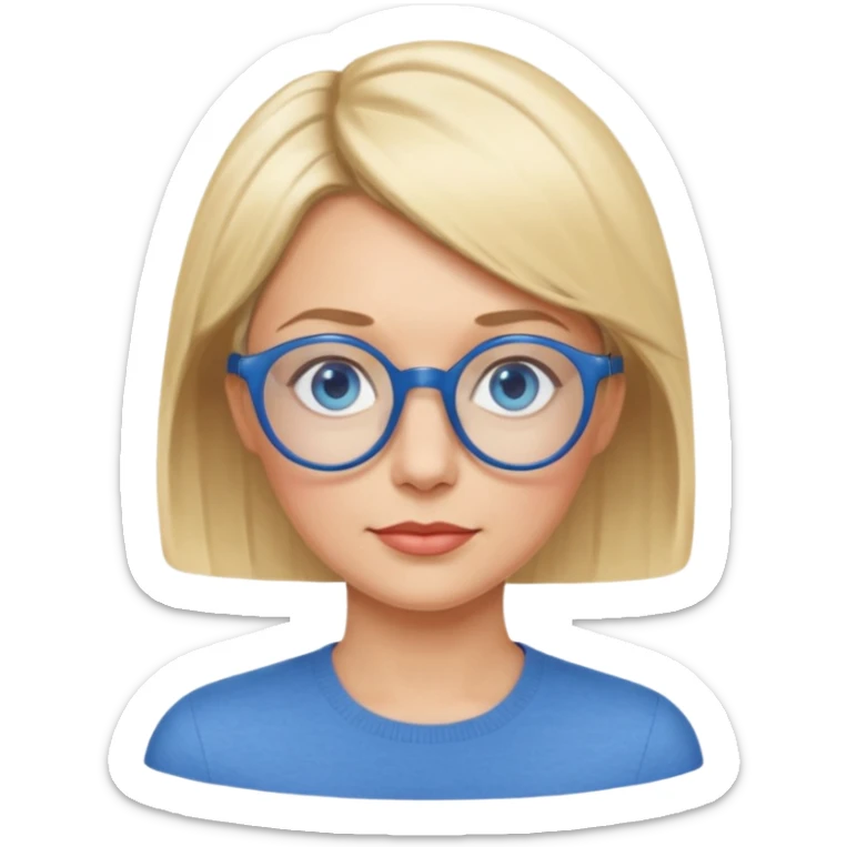 femme 40 ans cheveux courts garçon blond ave raie sur le coté, yeux bleu et lunettes rondes bleues sticker