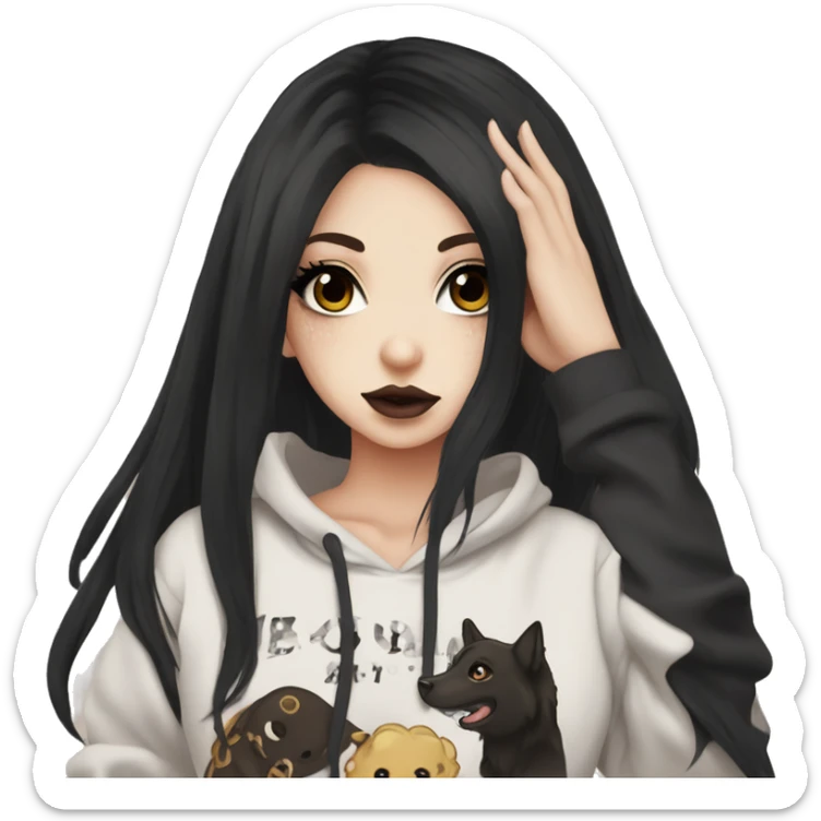 hime gyaru girl, tattoos, pale skin with brown eyes and black hair, dark makeup, black hoodie sticker