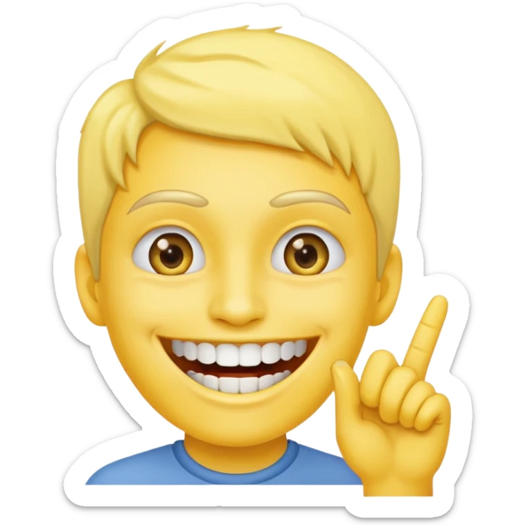 Emoji tête jaune avec un sourire et le doigt à moitié devant les dents  sticker