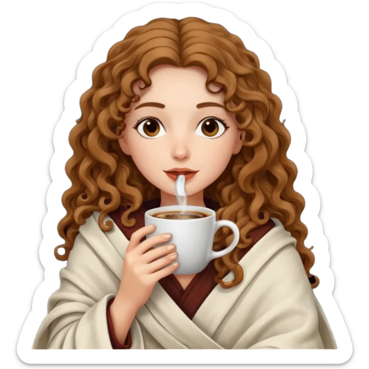 Gözleri kapalı, beyaz tenli ve uzun kıvırcık saçlı bir kadın avatar, battaniyeye sarılmış halde beyaz bir Türk kahvesi fincanından içeceğini huzurla yudumluyor. sticker
