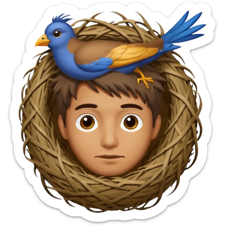 Man who has a birds nest on top of his head for hair sticker