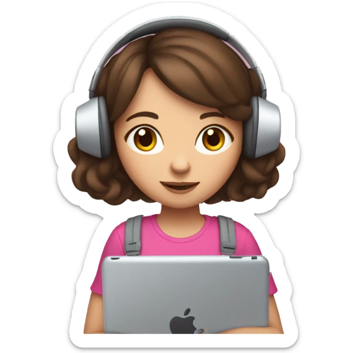 Brunette haired girl wearing pink cat headphones holding an ipad sticker