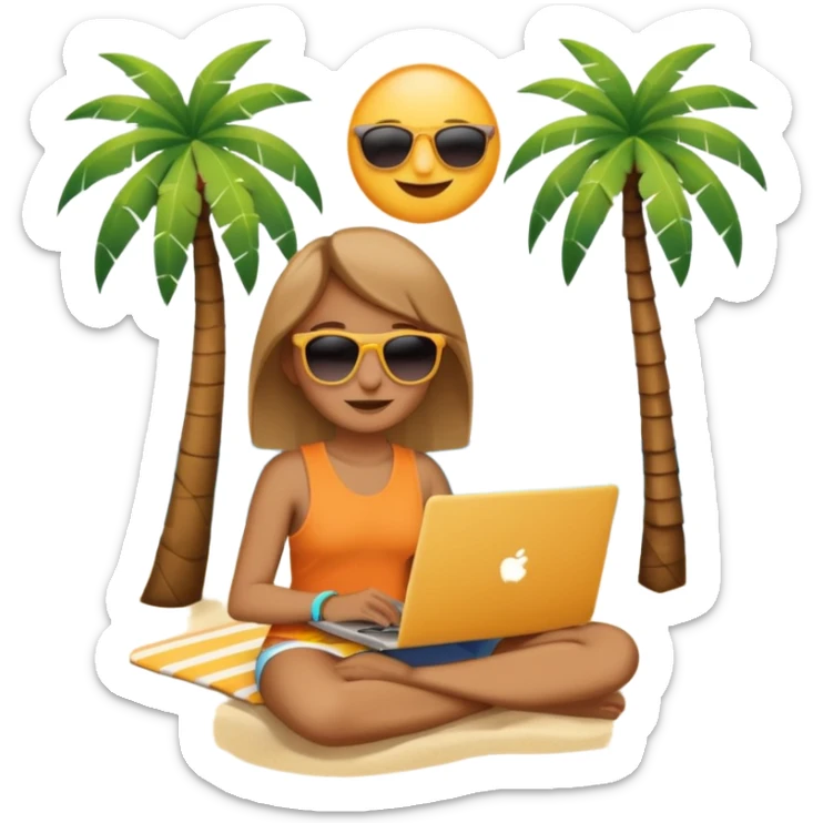 A minimalist emoji-style icon: A gender-neutral person sitting with a laptop on the beach. A palm tree nearby, sun and sea in the background. Relaxed, summery atmosphere. Simplified shapes, no detailed facial features, clean emoji-like design. sticker