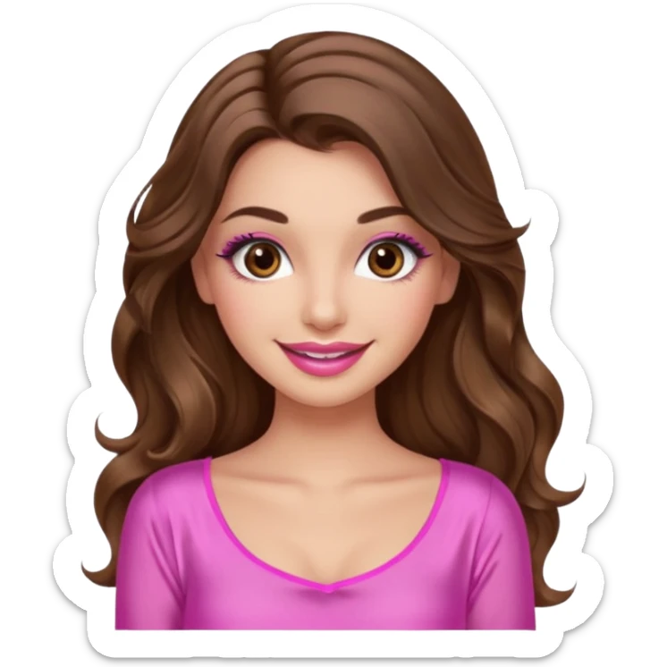 girl with long wavy brown hair, brown eyes, long lashes makeup, sexy pink lips, light to medium complexion, wearing a pink sexy silk top, smiling sticker