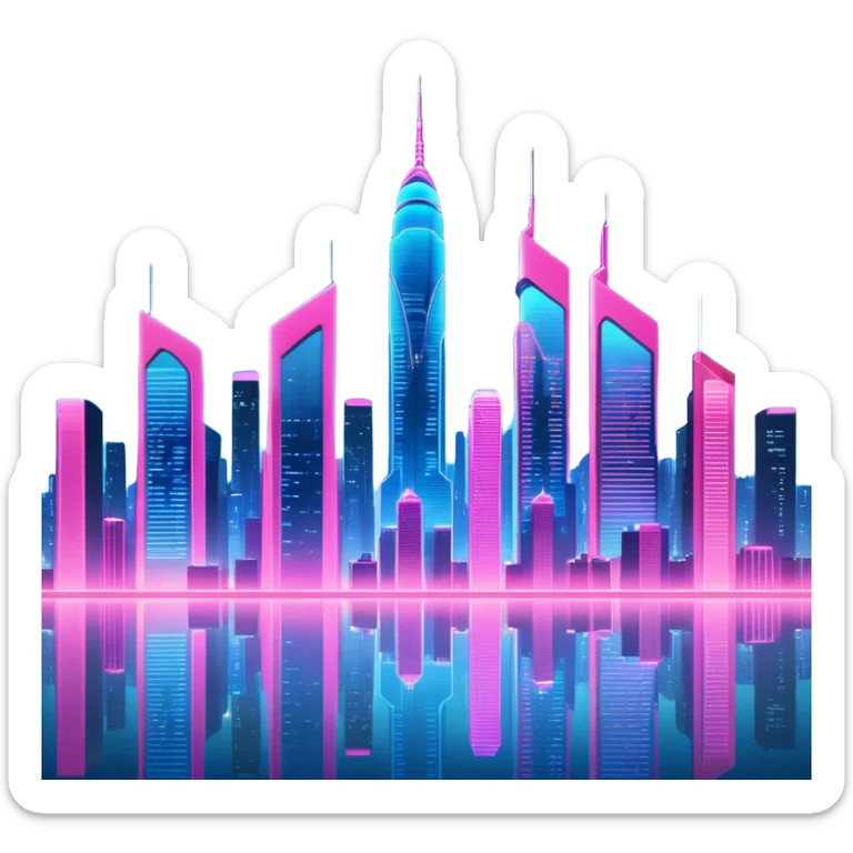 A futuristic cityscape at night, with neon lights and towering skyscrapers illuminating the sky sticker