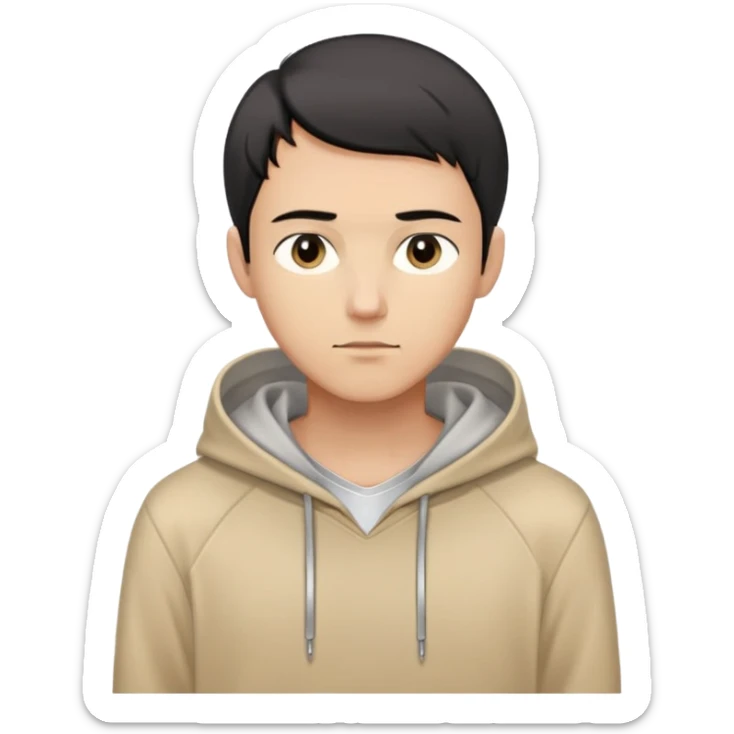 man with short black hair, slender build, light brown hoodie over white inner garment, silver necklace, calm demeanor, gentle expression, looking straight ahead sticker