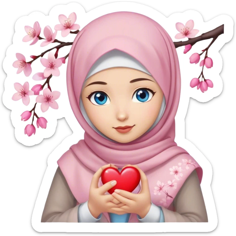 Turkish beautiful finish Konya girl blue eyes with cherry blossom flower design hijab and hold heart in her hand  sticker