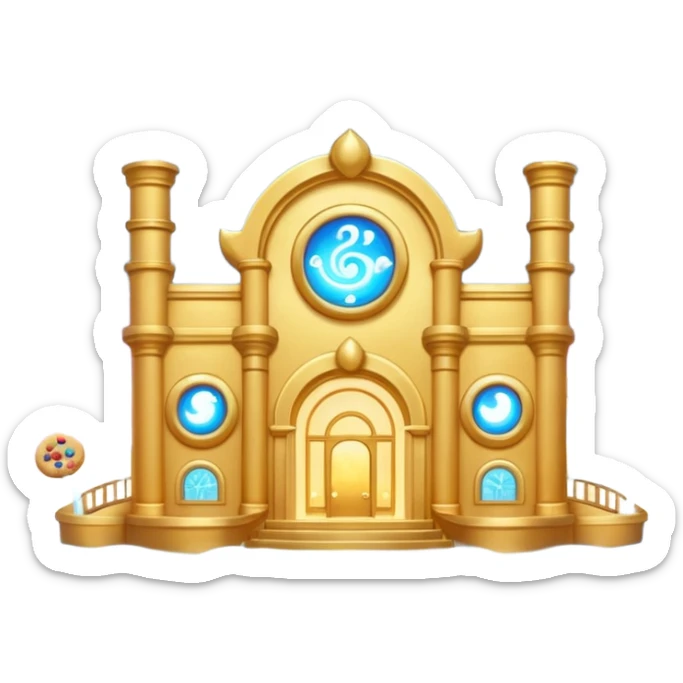 Exterior of a divine floating cookie factory, golden architecture with radiant pipes flowing with energy, infinite cookie stream from the entrance, glowing aura, celestial clouds surrounding it, emoji-style sticker