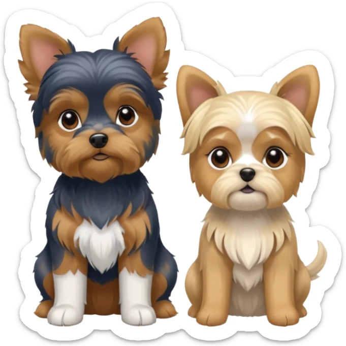 Generate a blue and tan purebred yorkie with a blonde shi tzu yorkie mix with floppy ears sitting next to each other. Make them the same soze sticker