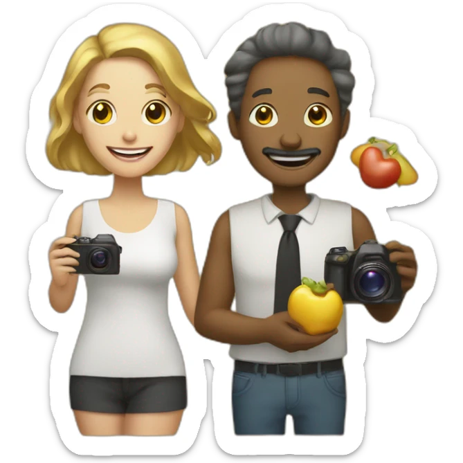 golden modern man and woman friends with camera in one hand and food in other hand, happy smiling sticker