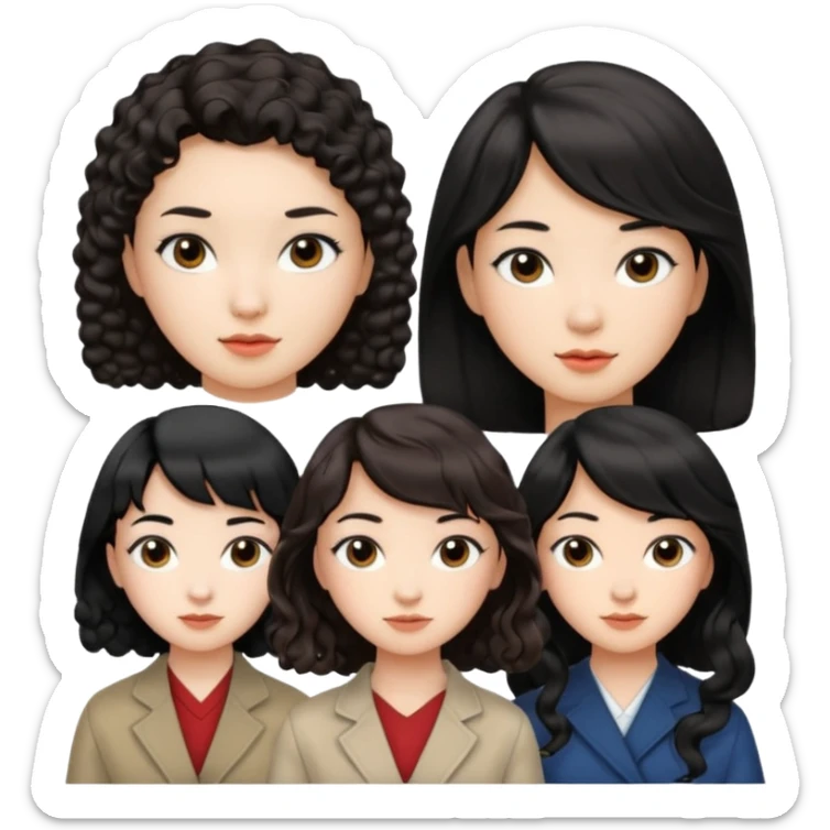 brunette short curly hair white girl, black long hair asian girl side part, black medium length hair with sideswept pangs sticker