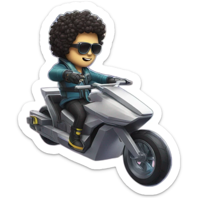white guy with sunglasses and dark hair holding excalibur riding a hoverbike in space on a rainbow sticker