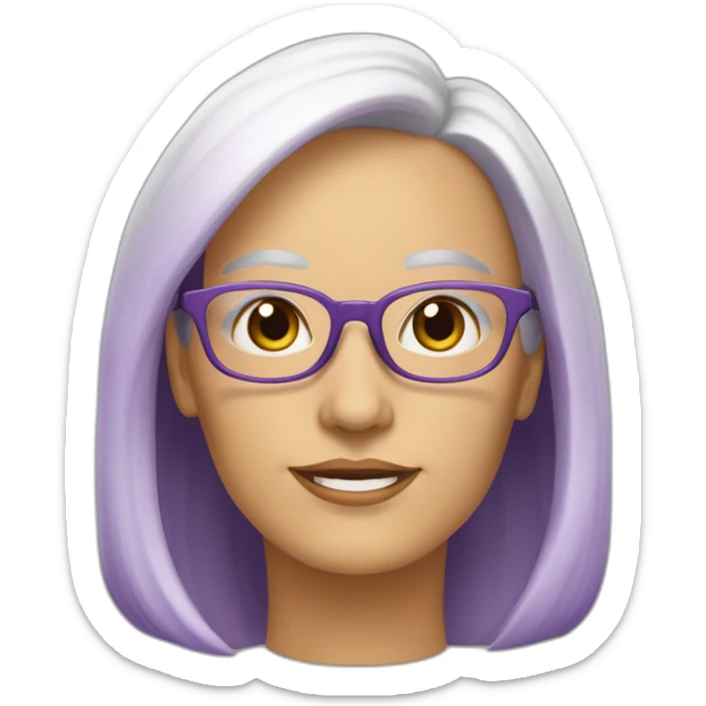 una profesora de edad madura, blanca, pelo largo marron oscuro, usa lentes redondeados con marcos color violeta sticker