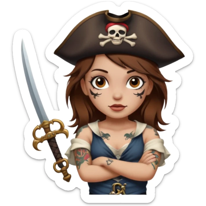 Pirate girl Brown hair brown eyesz white skin, naked with tattoos sticker
