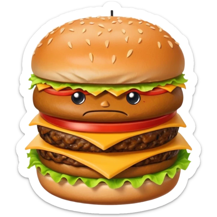 Burguro And Fryuro is two separate entities. The one on the left is a burger, consisting of 2 buns, lettuce, cheese, meat and tomatoes. The burger expresses a angry expression. While the one on the right is a carton of fries, also having a slightly annoyed expression. sticker