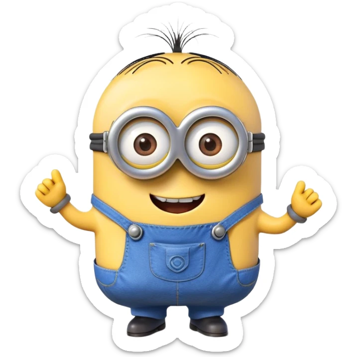 "Create a 3D emoji of Stuart the Minion with his one eye, blue overalls, and a playful grin. Make it vibrant, glossy, and fun!" sticker
