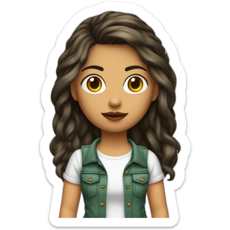 Chica pelo rojo lago ondulado, ojos verdescuerpo completo con pantalones vaqueros  rotos y camiseta negra con una cadaa sticker