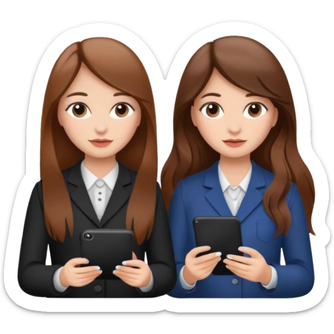 TWO BROWN HAIRED GIRLS DOING PROJECT ON JOB, PROFESSIONAL AND CUTE , LONG HAIR MAKEUP sticker