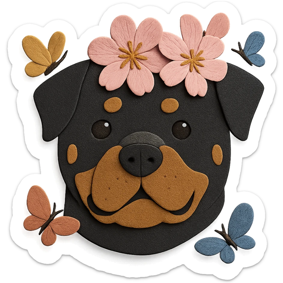 Add butterflies fluttering around the rottweiler with a cherry blossom flower crown, keep the original style and colors sticker