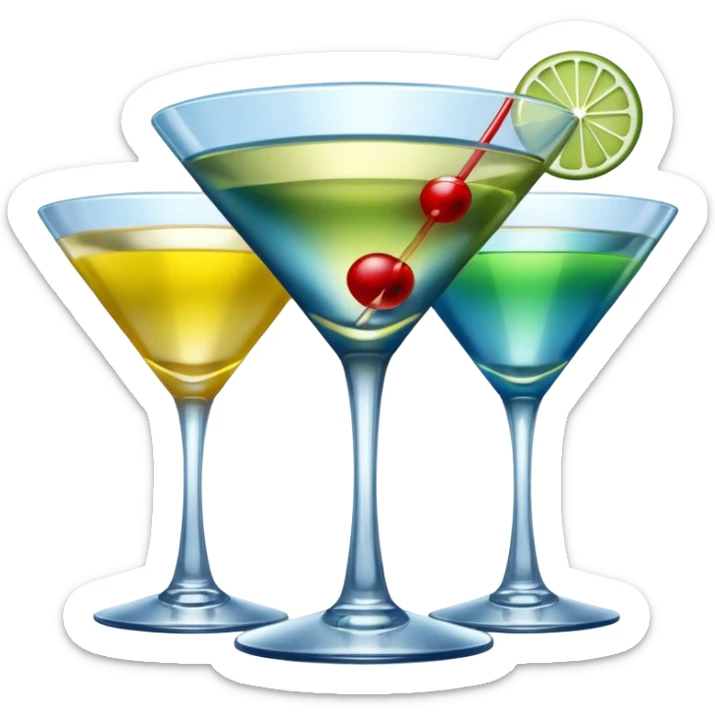Create an two emoji of red and yellow martini cocktail, cheers with blue and green cocktail, no tube just cocktail in glass sticker