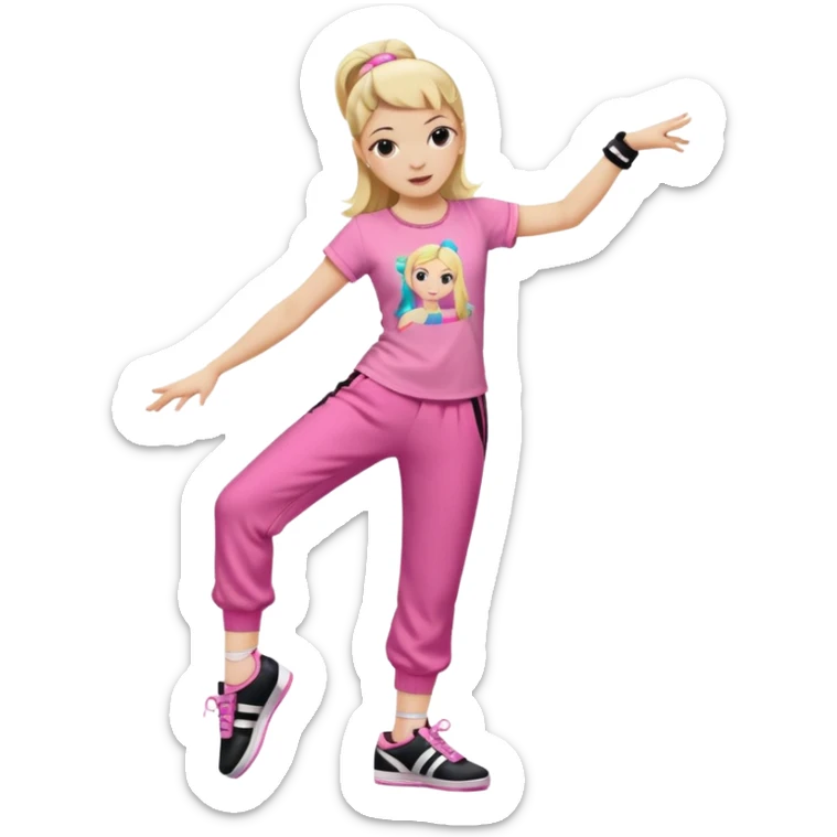 Hiphop dancer, with cute big pants, sneakers, and t-shirt. White girl blond. Coloufull shirt. No pocket pants. Dancing. Pink and black plain outfit. No sweatbands on the wrist, black music box behind her. Ballerina pose sticker