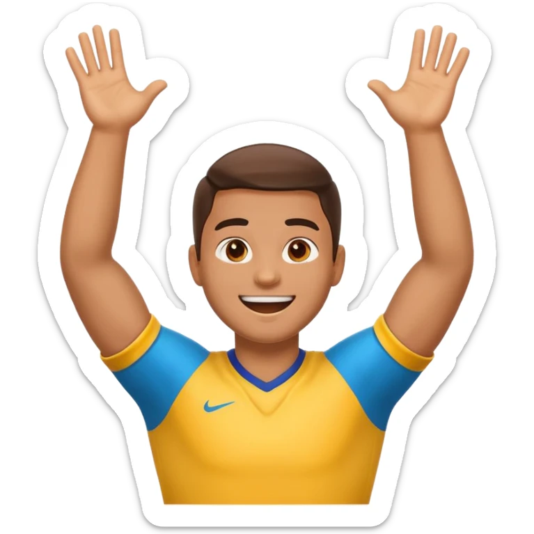 happy football player emoji celebrating goal, arms up, energetic expression, cartoon style, vibrant colors, transparent background, 1:1 sticker