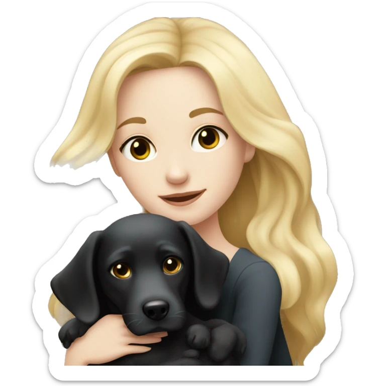 pretty woman with pale skin, very long blonde hair hugging a black dog sticker