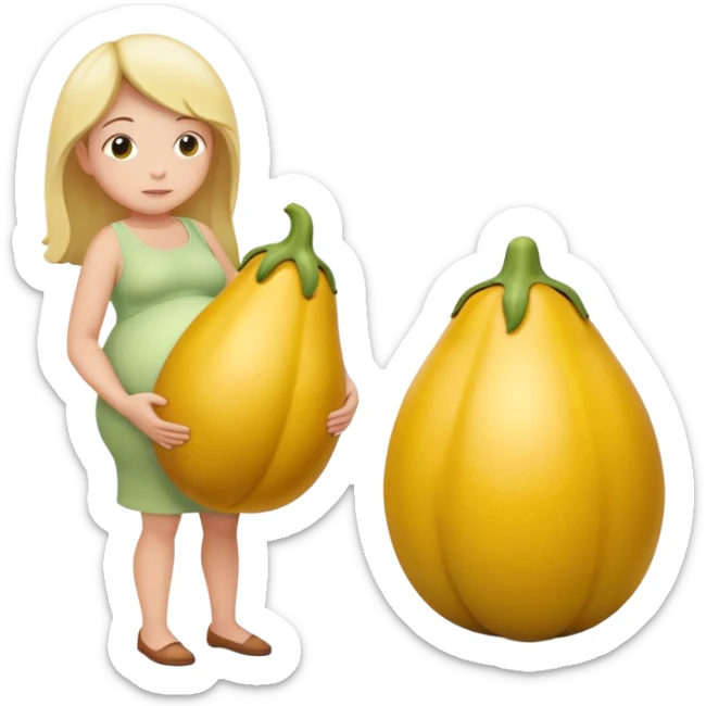 yellow eggplant attached to a pregnant person, with a bowing person turned to the side sticker
