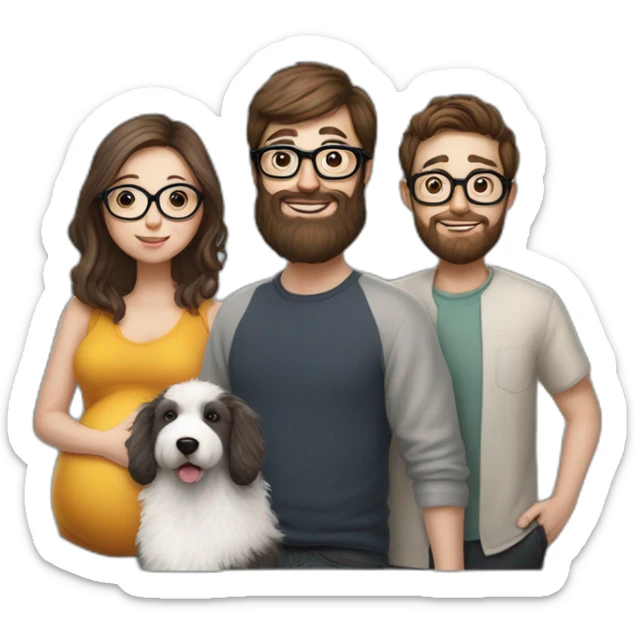 Hyperrealist Pregnant girl with half long brown hair with glasses, a boy with long beard, glasses and short hair and english sheepdog sticker
