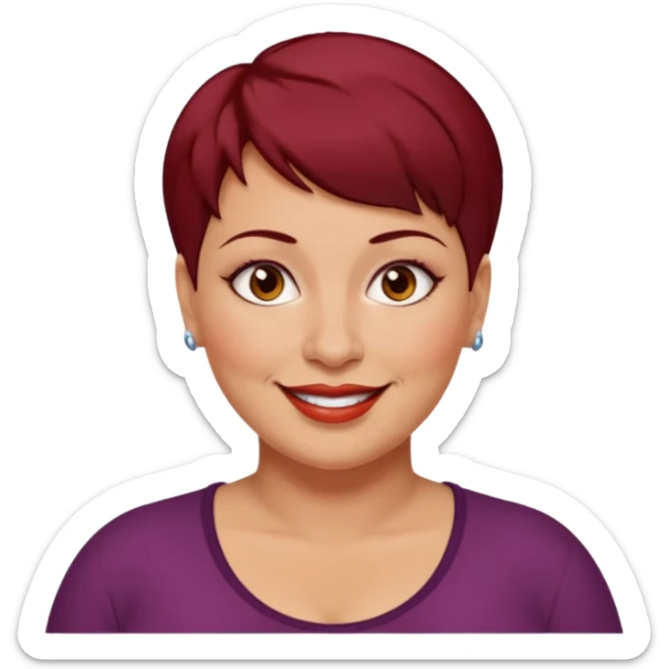 femme 40 ans, cheveux très court rouge foncé piercing sur le nez yeux marrons, surpoids sticker