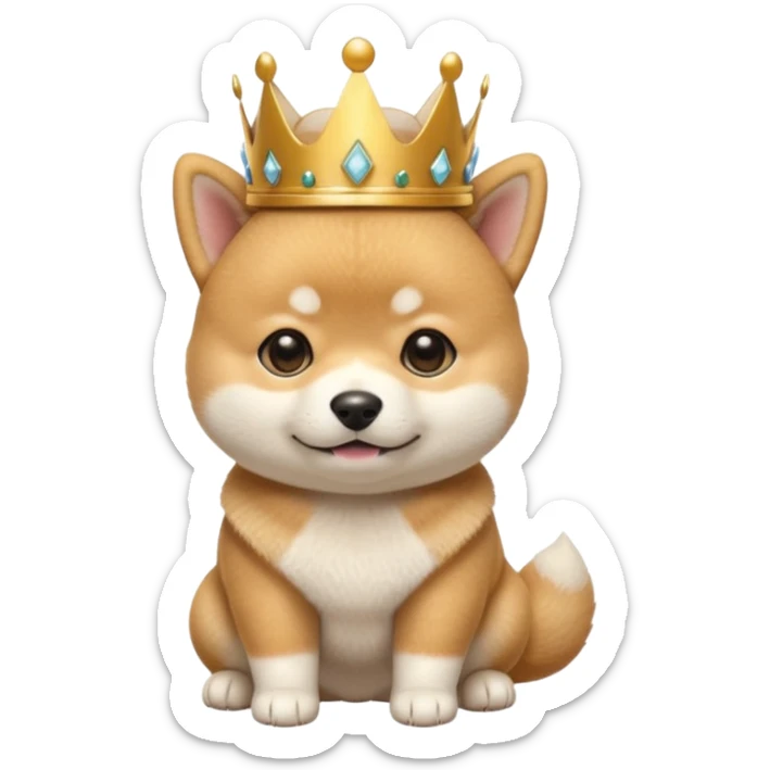 3 month old Shiba Inu puppy emoji, wearing small golden crown, cute royal expression, round body, soft fluffy fur, glossy eyes, bright pastel background, kawaii mascot style, centered composition, high quality render sticker