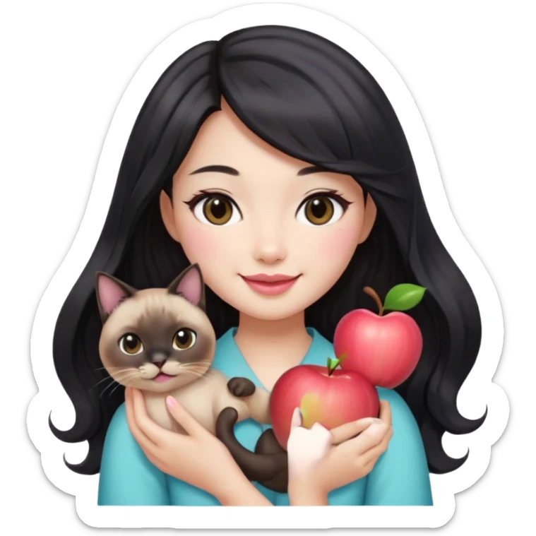 Asian woman with fair skin holding a Siamese cat, black see-through bang front hair, long wavy hair, round brown eyes, light pink blush, pink lips, smiling face, Apple emoji style sticker