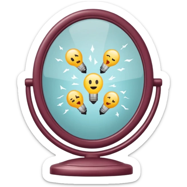 Minimalist emoji-style sticker of a vanity mirror with dim bulbs and cracked glass, words “Am I real yet?” smeared in dusty lipstick tone


 sticker