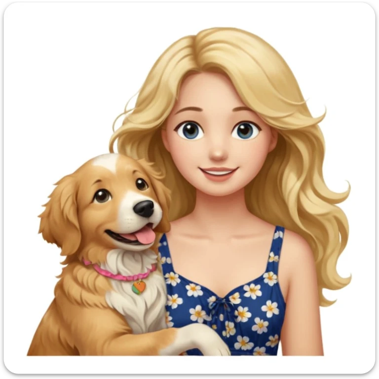 20-year-old woman with very long, wavy, blonder dirty blonde hair with brown highlights and dark blue eyes, petting an English cream golden retriever, sunset background, cheerful atmosphere sticker