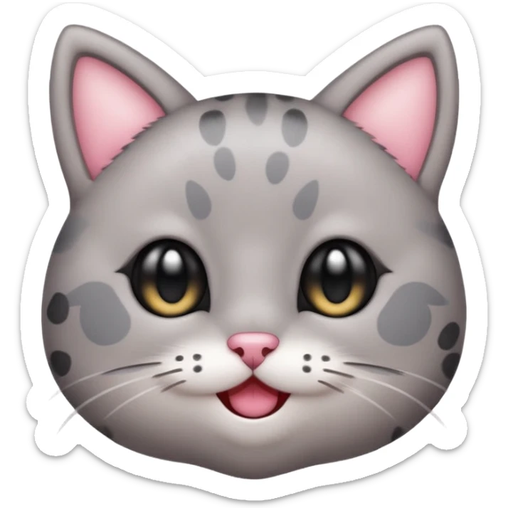 Cute emoji of a small gray cat with black spots, big shiny kawaii eyes, tiny pink nose, and a sweet smiling expression. Minimalist design, clean vector style, high resolution, soft pastel colors, with a transparent background. sticker
