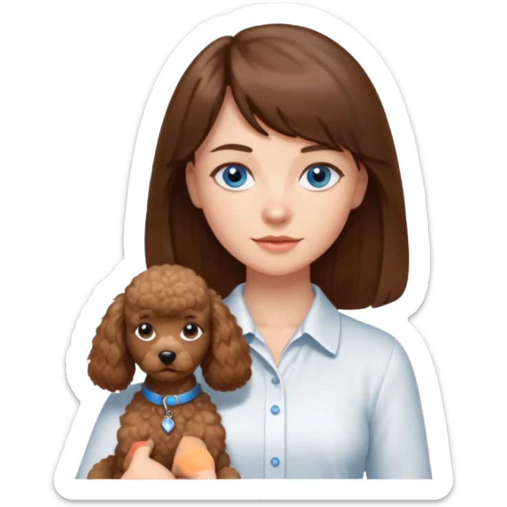 Kobieta z długimi brązowymi włosami, grzywką i niebieskimi oczami. Ubrana jest w białą koszulę. Trzyma na rękach małego brązowego pudelka. sticker