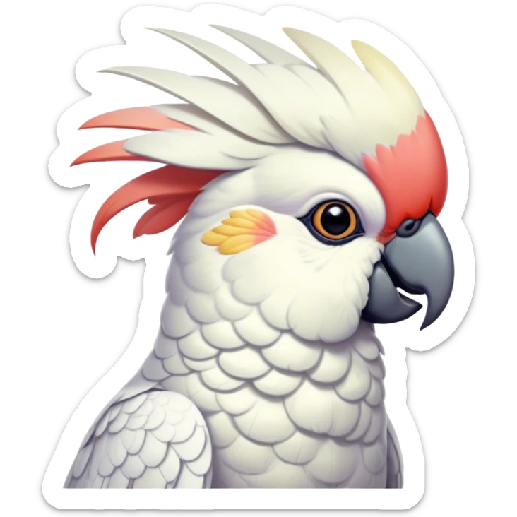 Cinematic Noble Cockatoo Portrait Emoji, Poised and regal, with a striking, crest-adorned head of brilliant white and pastel hues, a robust, curved beak, and piercing, intelligent eyes, Simplified yet sharp and sophisticated features, highly detailed, glowing with a soft, tropical luminescence, high shine, intelligent and majestic, stylized with an air of avian elegance, focused and alert, soft glowing outline, capturing the essence of a watchful and confident cockatoo that appears ready to unfurl its crest out of the screen with effortless authority! sticker