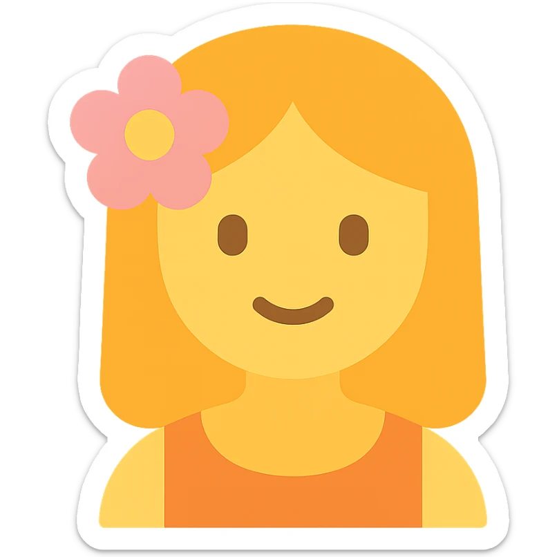 girl with straight hair, flower in her hair, summer vibe colored icon sticker